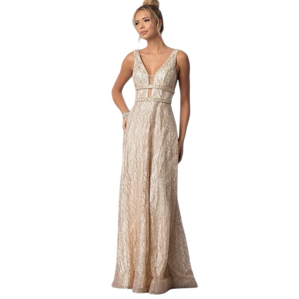 Elizabeth K by GLS Gold Glitter Maxi Long Gown Dress Formal Prom Straps Beads XS